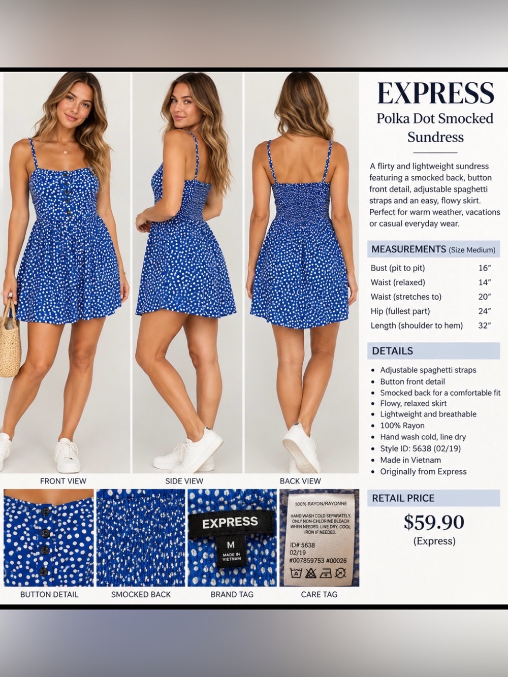 Express Blue Polka Dot Smocked Mini Dress, Size M
